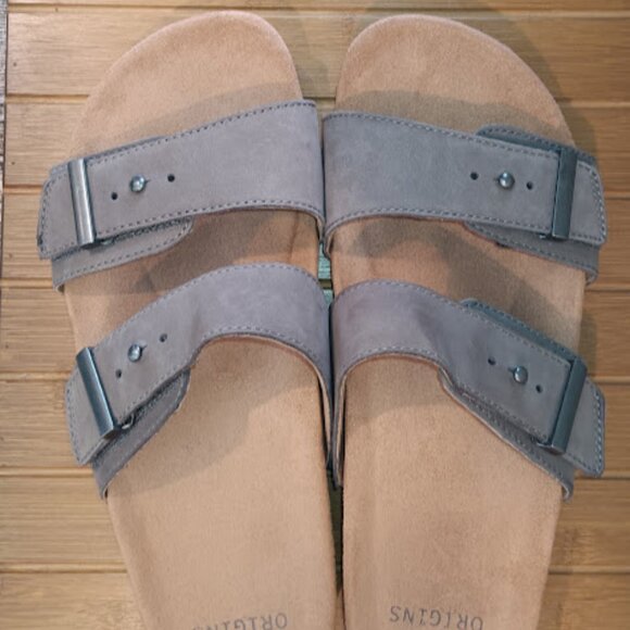 NWOT EARTH ORIGINS Leather Suede Slide Sandal Size 9 “Orra” 2 Straps Taupe - Picture 1 of 7